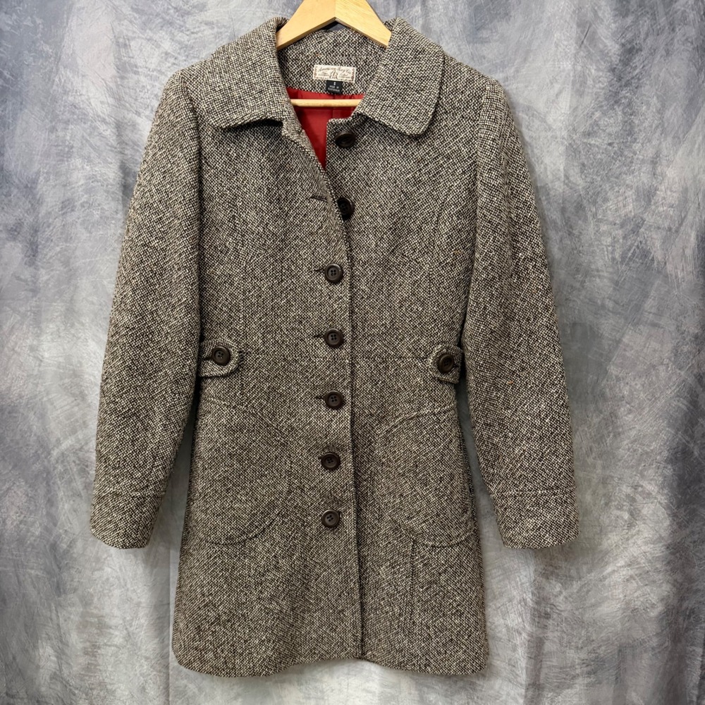 American Rag Cie Womens Brown Tweed Wool Blend Button Front Coat S Red Lining